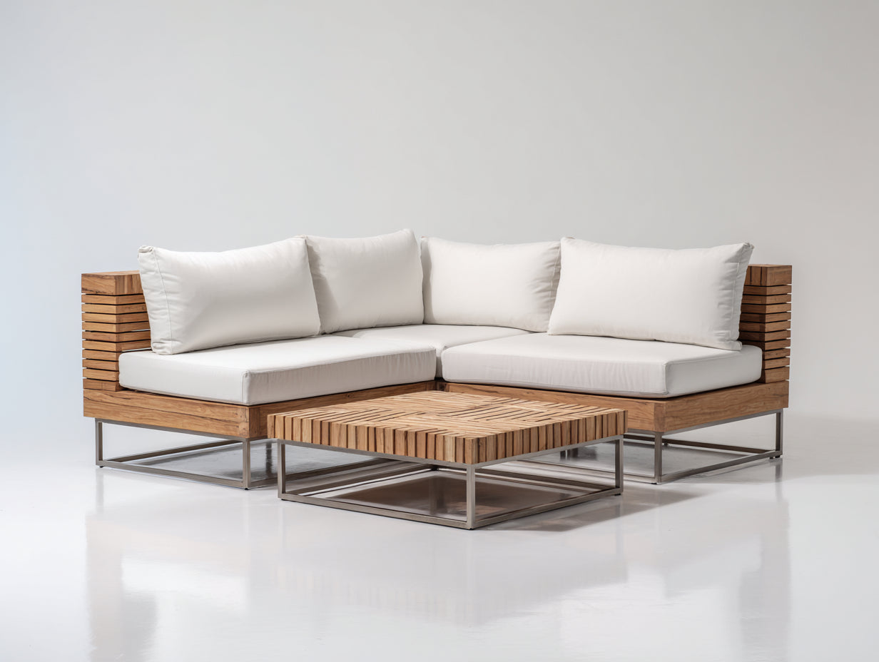Divani da esterno - Legno-Metallo-Tessuto - 240x240x72 cm - Naturale-Bianco-Argento - Moderno geometrico