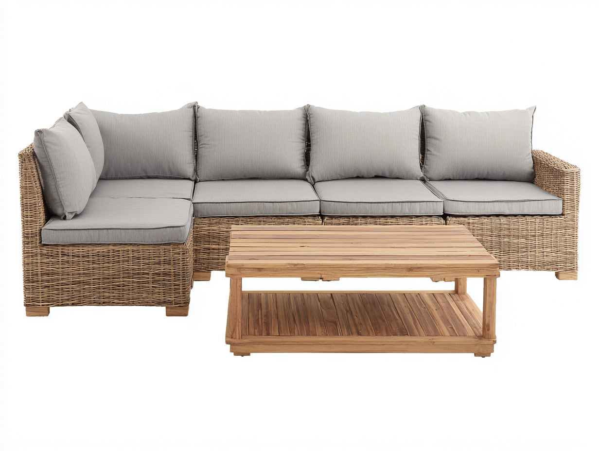 Divani da esterno - Rattan-Legno-Tessuto - 250x180x78 cm - Naturale-Grigio - Lounge rustico moderno