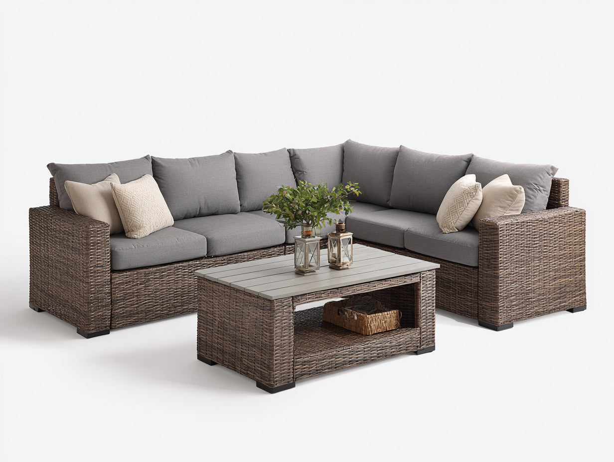 Divani da esterno - Rattan-Tessuto-Legno - 280x200x82 cm - Marrone scuro-Grigio - Lounge contemporaneo