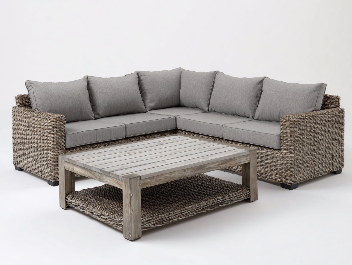 Divani da esterno - Rattan-Legno-Tessuto - 255x255x80 cm - Naturale-Grigio - Rustico contemporaneo