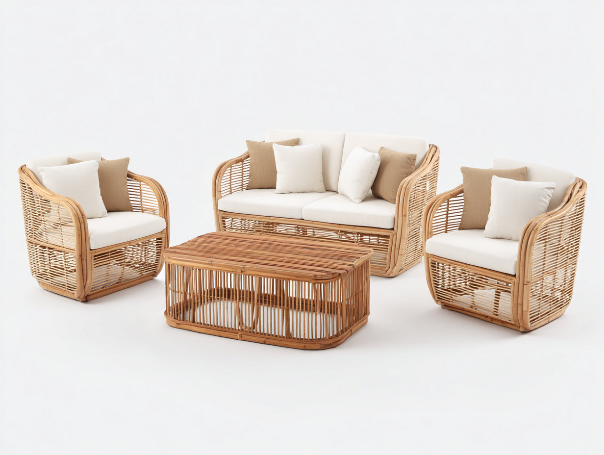 Divani da esterno - Rattan-Tessuto - 160x85x82 cm - Naturale-Bianco - Design boho moderno