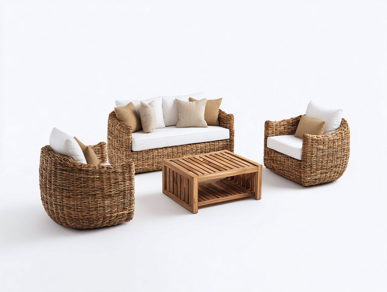 Divani da esterno - Rattan-Tessuto-Legno - 170x85x86 cm - Naturale-Bianco - Stile organico contemporaneo