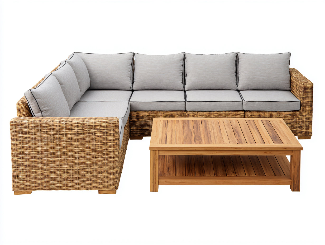 Divani da esterno - Rattan-Legno-Tessuto - 265x185x80 cm - Naturale-Grigio chiaro - Lounge contemporaneo