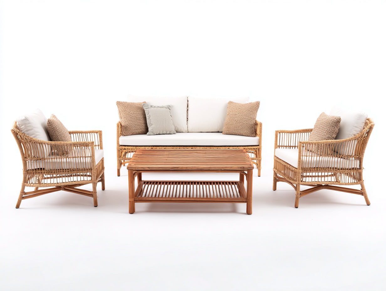 Divani da esterno - Rattan-Tessuto - 165x82x88 cm - Naturale-Bianco - Boho elegante